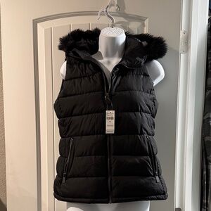Black Quilted Puffer Vest with Faux Fur Hood
